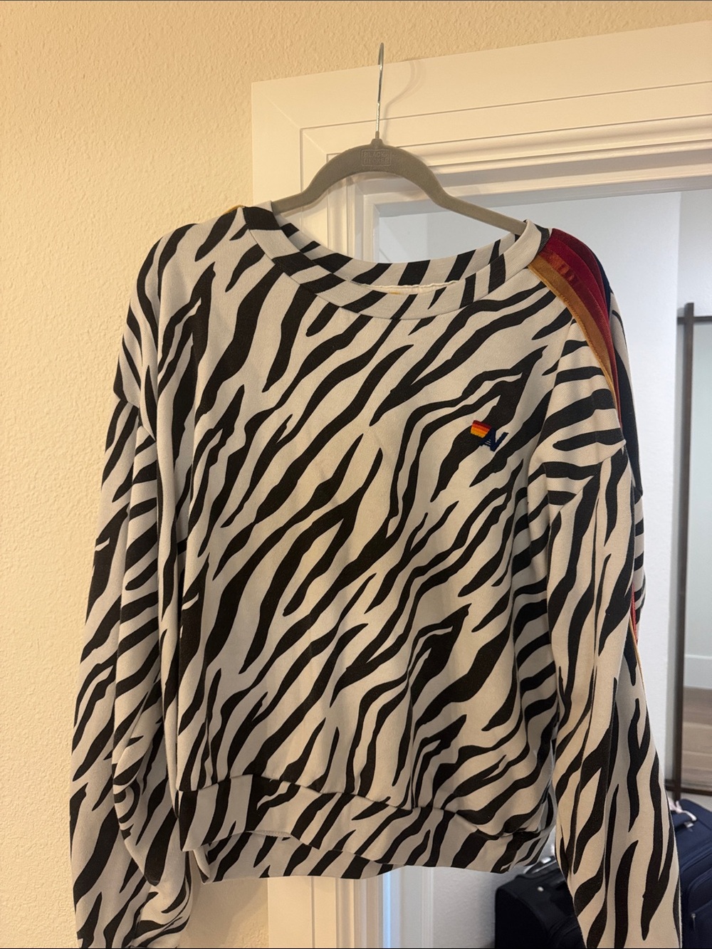 Aviator Nation Zebra Stripe Crewneck Sweatshirt - Black & White with Red Accent